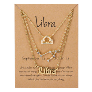 3Pcs/Set Zodiac Sign Pendant 12 Constellation Charm Gold Necklace