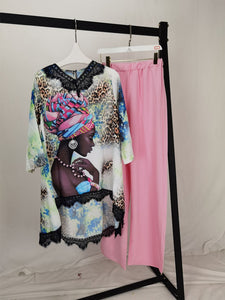 African Style Long Bat Sleeve Shirt Dress and Oversized Pants Set