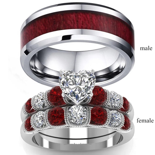 Couples Heart Garnet Stainless Steel Wedding Set