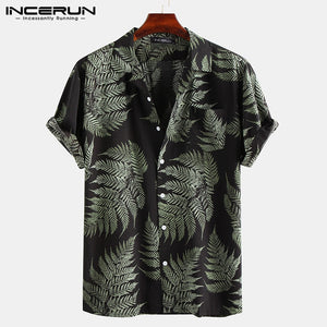 INCERUN Short Sleeve Leaf Printed Tropical Shirt