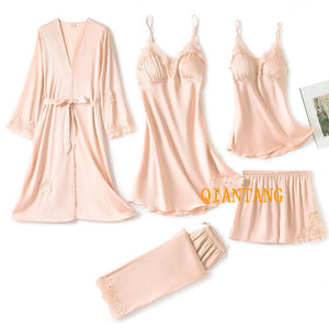 5PC Silk Robe Sleep Suit