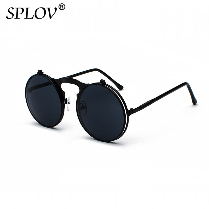 Vintage Steampunk Flip Retro Round Metal Frame Sunglasses