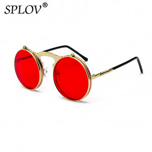 Vintage Steampunk Flip Retro Round Metal Frame Sunglasses