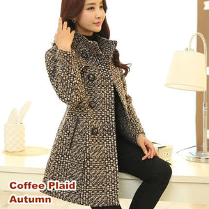 Wool Blend High Neck Plaid Slim Coat