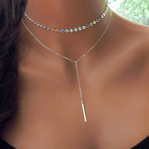 Double Chain & Bar Pendant Necklace Set