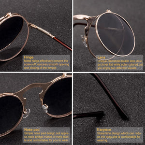 Vintage Steampunk Flip Retro Round Metal Frame Sunglasses