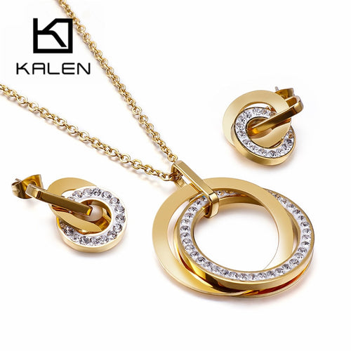 Stainless Steel Three Rounds Pendant Necklace & Earrings Set