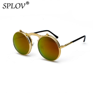 Vintage Steampunk Flip Retro Round Metal Frame Sunglasses