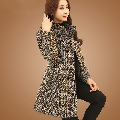 Wool Blend High Neck Plaid Slim Coat