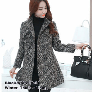 Wool Blend High Neck Plaid Slim Coat