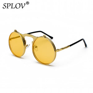 Vintage Steampunk Flip Retro Round Metal Frame Sunglasses