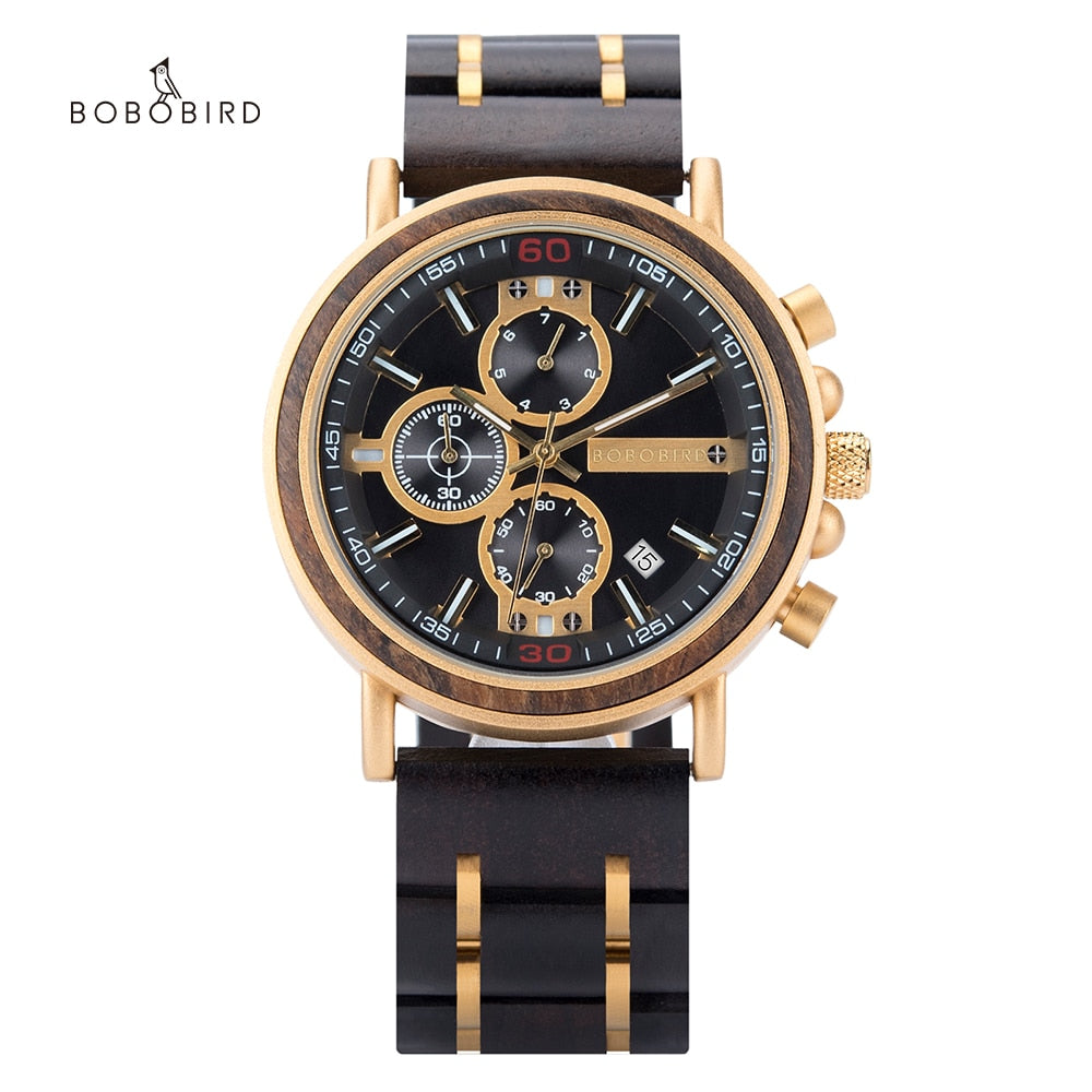 BOBO BIRD P09 Wood and Stainless Steel Luminous Hand Wristwatch