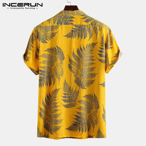 INCERUN Short Sleeve Leaf Printed Tropical Shirt