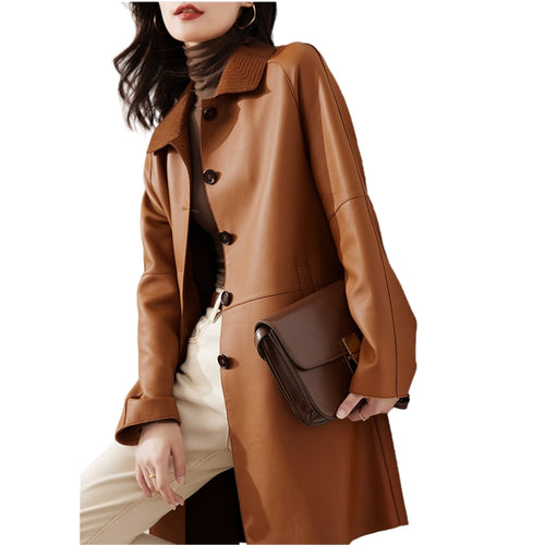 Genuine Leather Mid Length Trench Coat