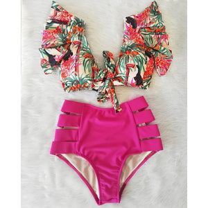 High Waist Ruffled Floral Bathing Suit