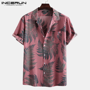 INCERUN Short Sleeve Leaf Printed Tropical Shirt