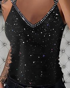 Rhinestone Embroidered Sleeveless Paneled Top