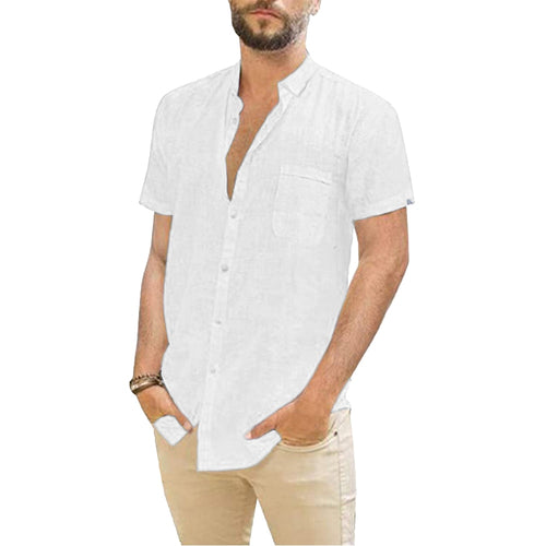 Cotton Linen Short-Sleeved Solid Color Shirt