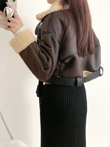 Faux Lamb Leather Fur Short Jacket with Belt