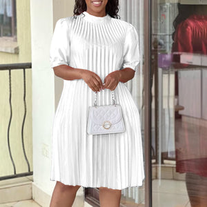 Loose Pleated Round Neck Short-sleeve Pleated Dress