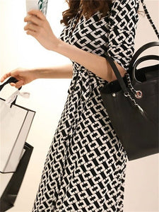 Long Multi-print Short-Sleeve Dress