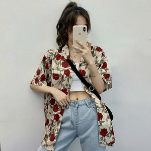 Short Sleeve Rose Print Retro Loose Blouse