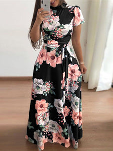 Short Sleeve Floral Print Long Dress