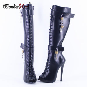 16cm Stiletto Heel Matte Leather Padlock Buckled Straps Knee High Boots