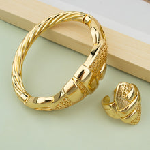 18K Gold Plated Cuff Bangle With Ring Set