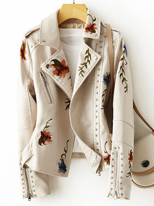 Retro Floral Print Embroidered Faux Soft Leather Jacket