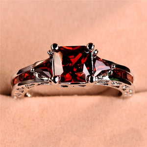 Elegant Princess Square Cut Garnet Red Stone Engagement Ring