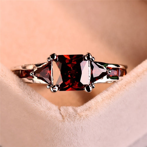 Elegant Princess Square Cut Garnet Red Stone Engagement Ring