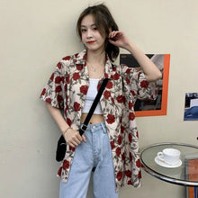 Short Sleeve Rose Print Retro Loose Blouse