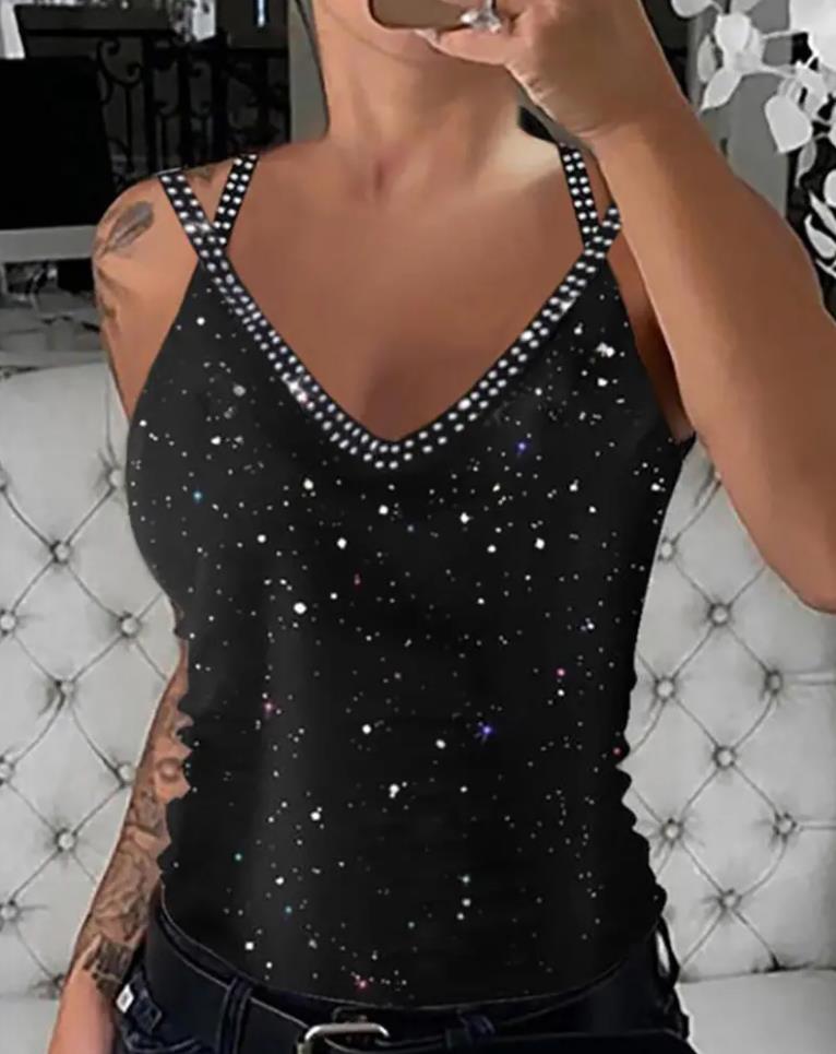 Rhinestone Embroidered Sleeveless Paneled Top