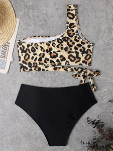 One Shoulder Leopard High Waist Swimwear