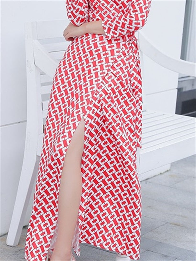 Long Multi-print Short-Sleeve Dress