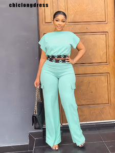 Two Piece Bat Sleeve Short Blouse & Straight Leg Pant Set