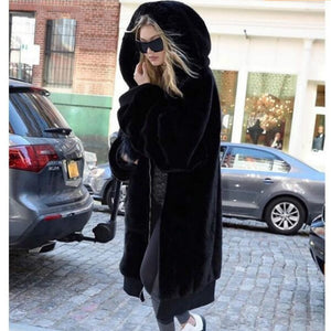 Large Long Solid Color Faux Fur Hooded Coat