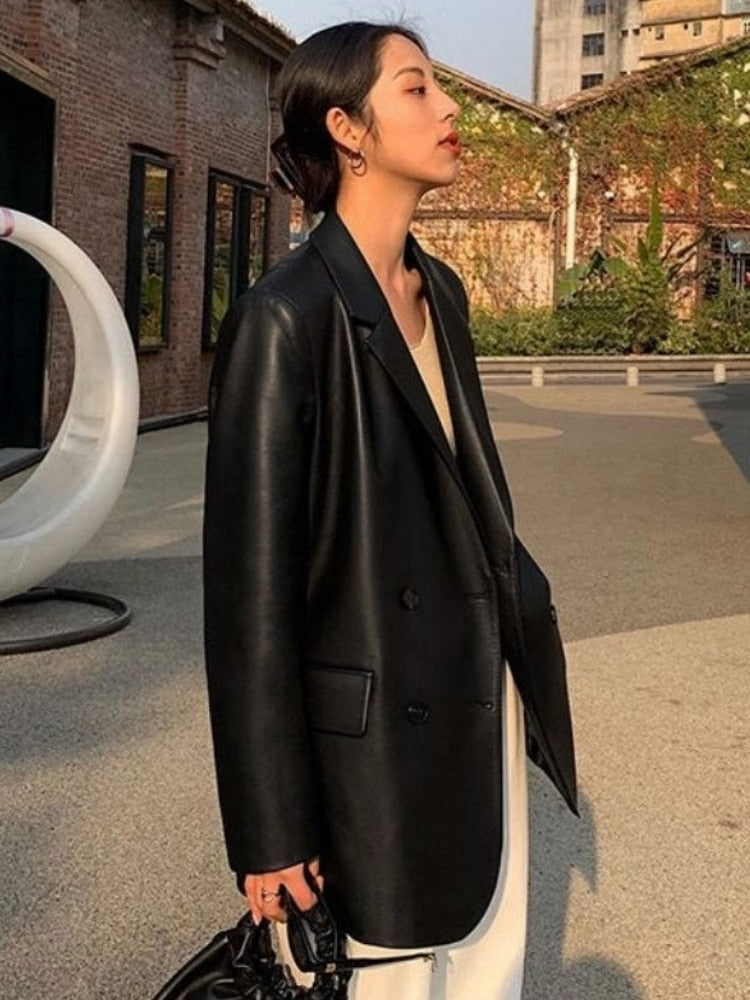 Black Leather Loose Leather Coat