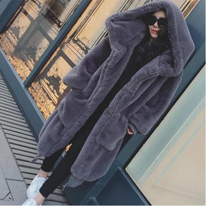 Large Long Solid Color Faux Fur Hooded Coat