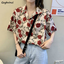 Short Sleeve Rose Print Retro Loose Blouse