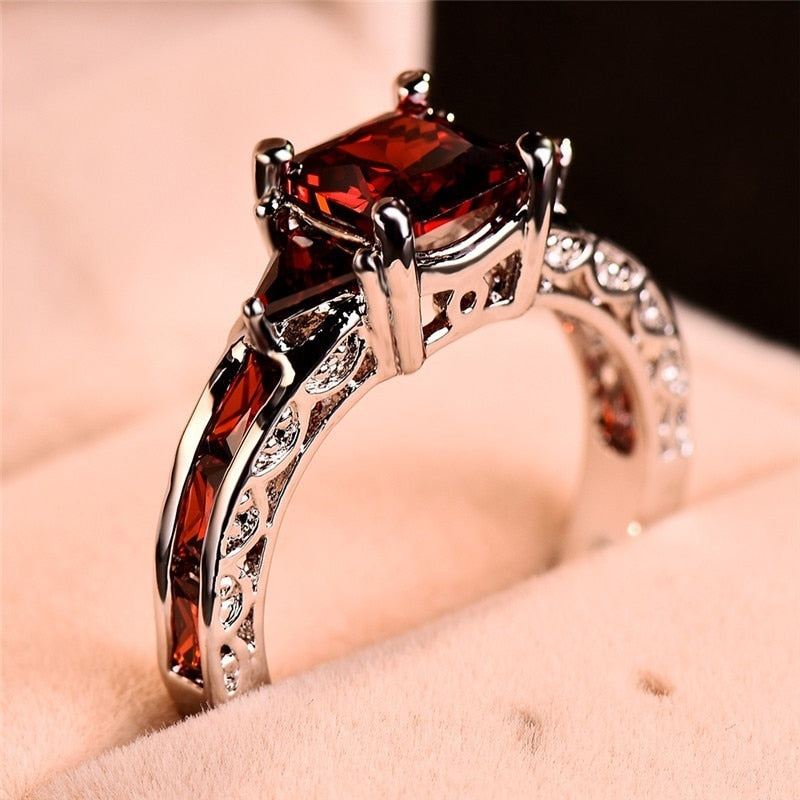 Elegant Princess Square Cut Garnet Red Stone Engagement Ring