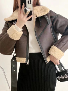 Faux Lamb Leather Fur Short Jacket with Belt