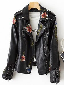 Retro Floral Print Embroidered Faux Soft Leather Jacket