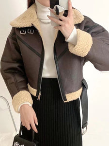 Faux Lamb Leather Fur Short Jacket with Belt