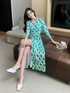 Long Multi-print Short-Sleeve Dress