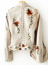 Retro Floral Print Embroidered Faux Soft Leather Jacket