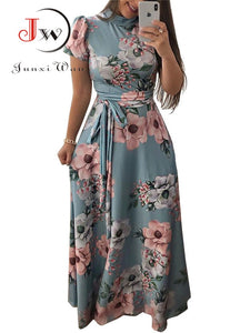 Short Sleeve Floral Print Long Dress