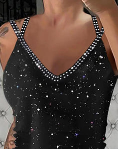 Rhinestone Embroidered Sleeveless Paneled Top