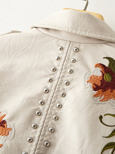 Retro Floral Print Embroidered Faux Soft Leather Jacket